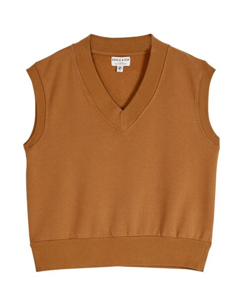 Sweat Col V en Coton Bio Yena caramel