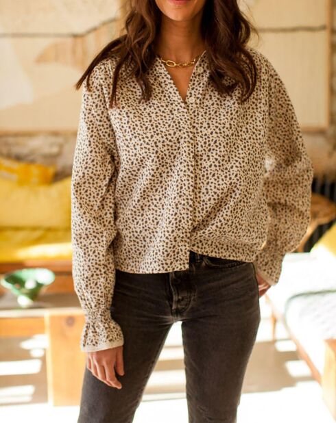 Beigefarbene Mullbluse aus Baumwolle mit Leoparden-Pfingstrose