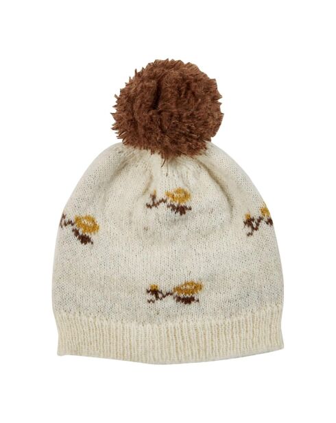 Bonnet en Laine mélangée Jacquard Fleuri ecru