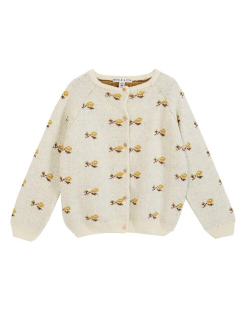 Cardigan en Laine Mérinos mélangée Jacquard Fleuri écru
