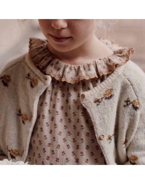 Cardigan en Laine Mérinos mélangée Jacquard Fleuri écru