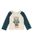 T-Shirt en Coton Bio Bicolore Chat écru/bleu