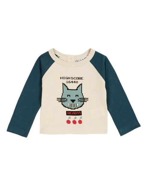 T-Shirt en Coton Bio Bicolore Chat écru/bleu