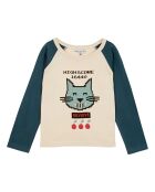T-Shirt en Coton Bio Bicolore Chat écru/bleu