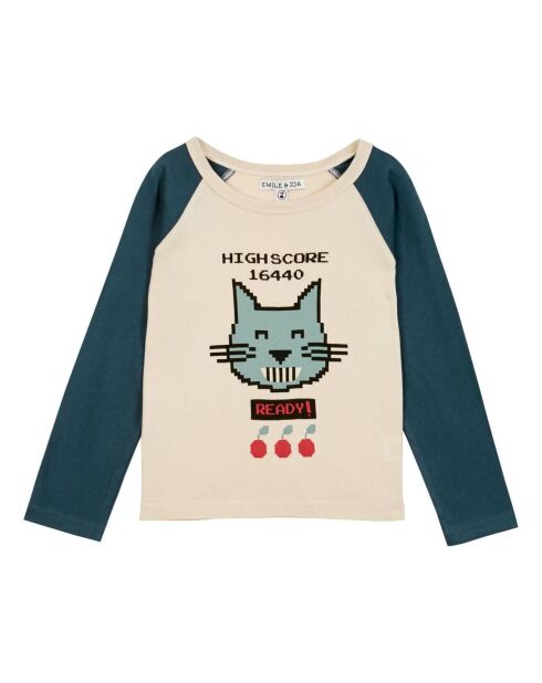 T-Shirt en Coton Bio Bicolore Chat écru/bleu