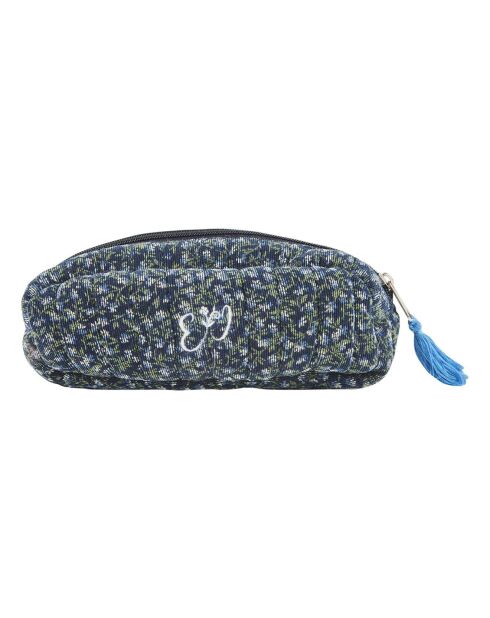 Trousse en Velours Côtelé Fleurie bleu marine