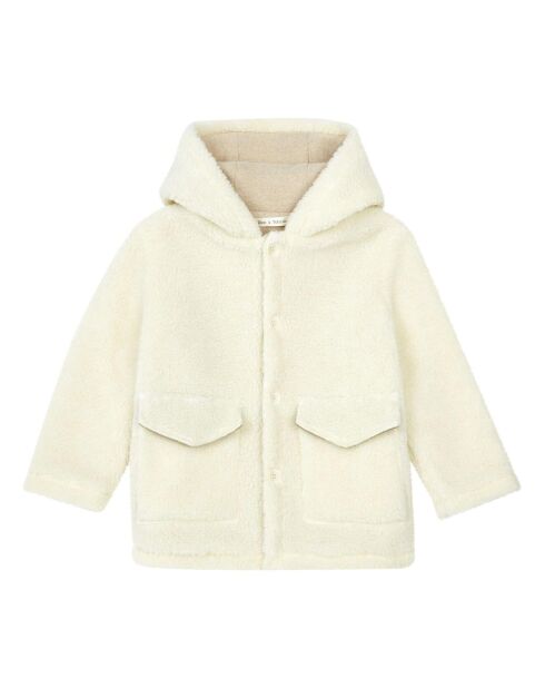 Manteau à Capuche en Laine mélangée Façon Fourrure écru