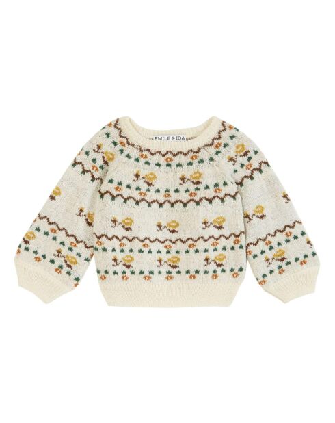 Pull en Laine Mérinos mélangée Jacquard Fleurs écru