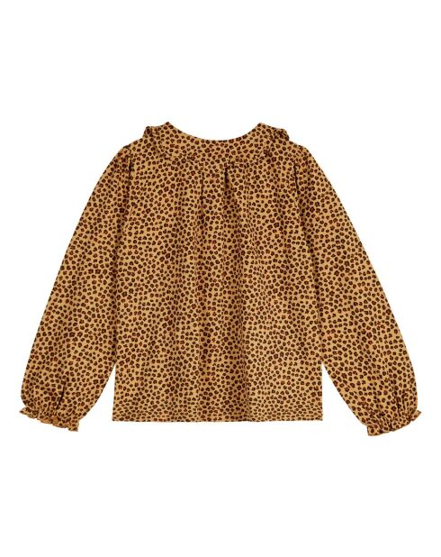 Kamelfarbene Bluse aus Bio-Baumwolljersey mit Leopardenmuster