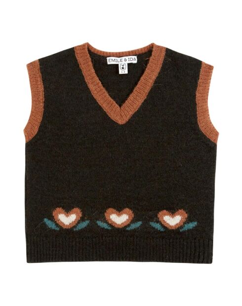 Pull en Laine Mérinos mélangée Sans Manches Coeurs Intersia gris anthracite