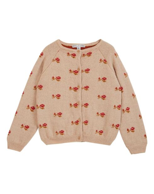 Cardigan en Laine Mérinos mélangée Jacquard Fleuri rose pâle