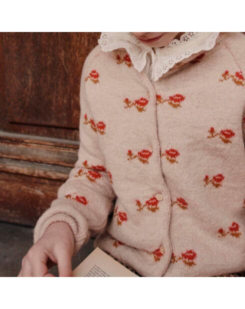 Cardigan en Laine Mérinos mélangée Jacquard Fleuri rose pâle