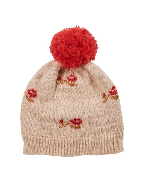 Bonnet en Laine mélangée Jacquard Fleuri rose pâle
