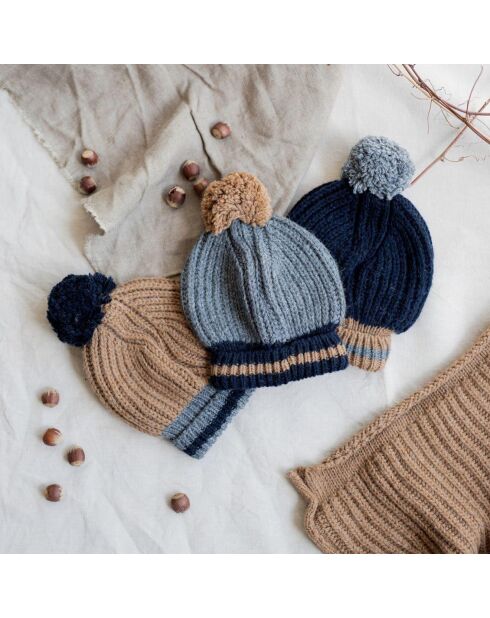 Bonnet en Laine mélangée à Pompon Bicolore Sangei camel
