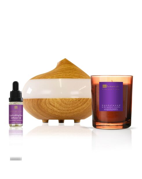 Kit diffuseur de roses relaxantes de Noël Dr Botanicals avec bougie au bois de santal et à la bergamote - 3 pièces