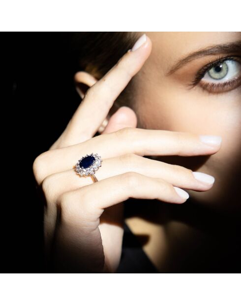 Bague Soleil Bleu Saphir 3.5 ct & Topaze blanche 1.33 ct or blanc