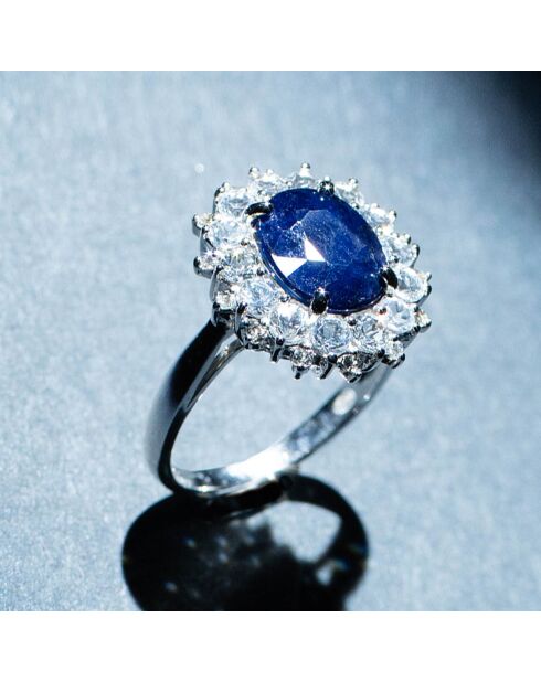 Bague Soleil Bleu Saphir 3.5 ct & Topaze blanche 1.33 ct or blanc