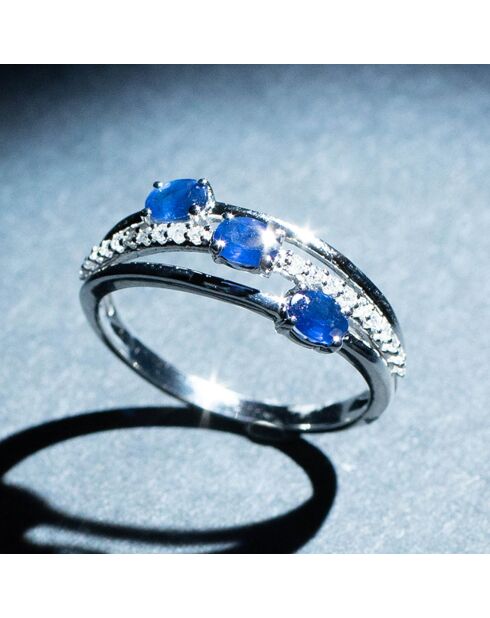 Bague Trio de Saphirs Diamants 0.095 ct Saphirs 0.56 ct or blanc
