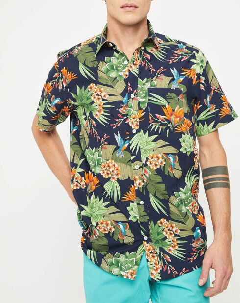 Rechte blouse met bloemen en marineblauw/groene print