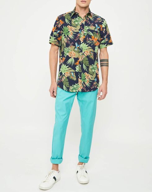 Rechte blouse met bloemen en marineblauw/groene print