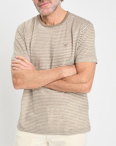 T-Shirt 100% Lin Regular Fit Bat à rayures beige foncé