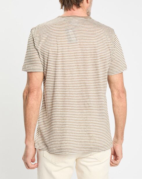 T-Shirt 100% Lin Regular Fit Bat à rayures beige foncé