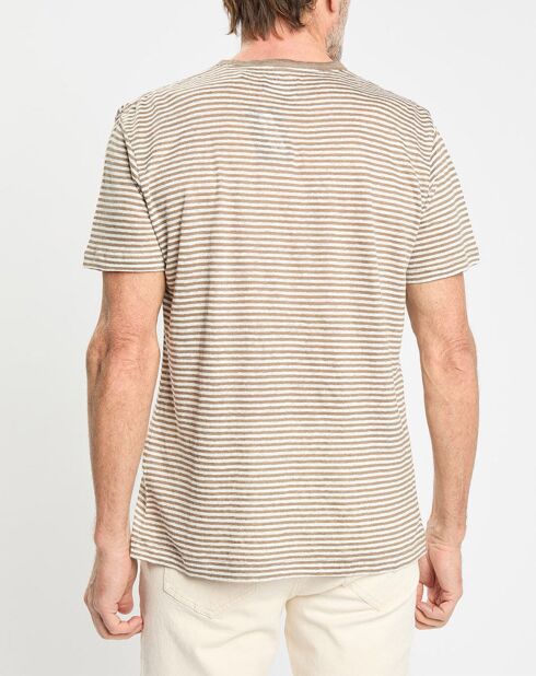 T-Shirt 100% Lin Regular Fit Bat à rayures beige foncé