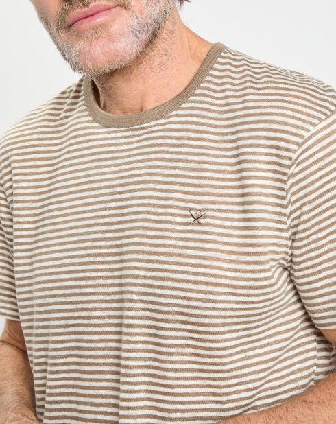 T-Shirt 100% Lin Regular Fit Bat à rayures beige foncé