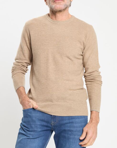 Pull en Laine, Soie & Cachemire col rond texturé beige