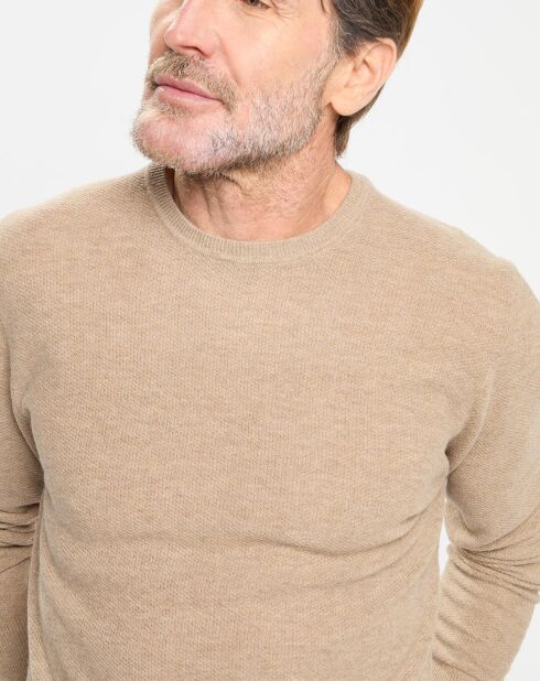 Pull en Laine, Soie & Cachemire col rond texturé beige