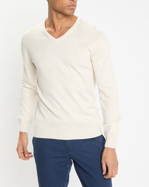 Pull en Coton & Soie col V écru chiné