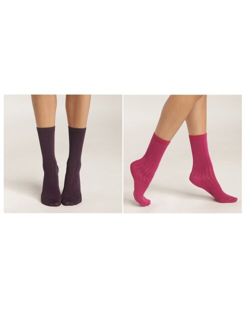2 Paires de chaussettes côtelées satinées Dim Mode rose/violet