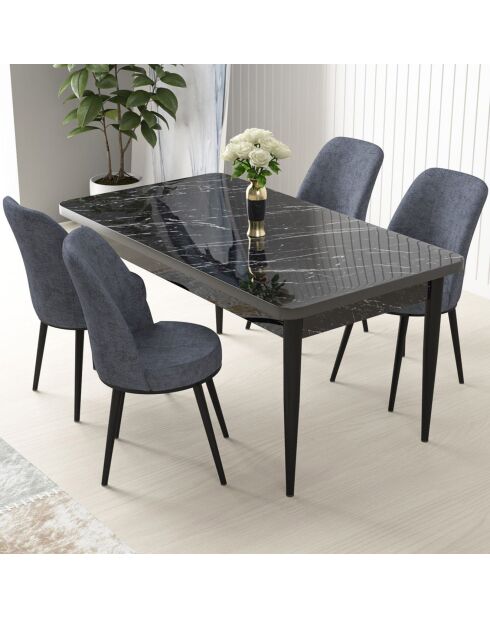 Tisch + 4 Stühle Nile schwarz/geräucherter Marmor