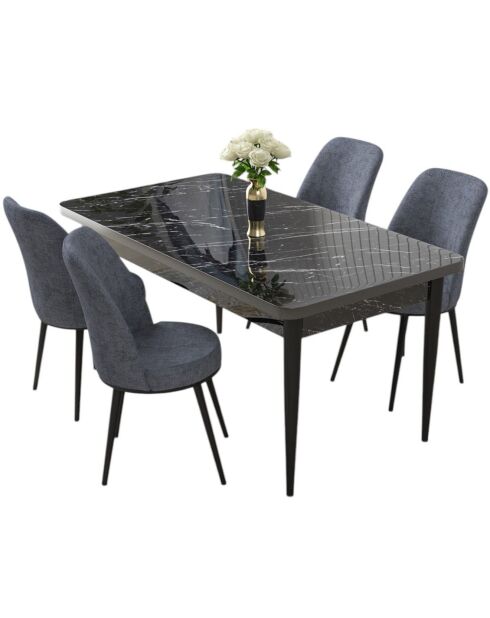 Table + 4 Chaises Nil marbre noir/fumé