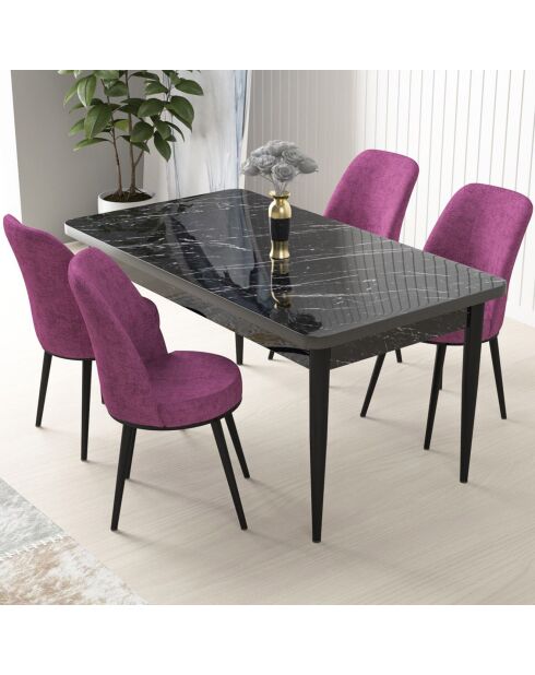 Tisch + 4 Stühle Nile schwarz/lila Marmor
