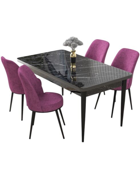 Tisch + 4 Stühle Nile schwarz/lila Marmor