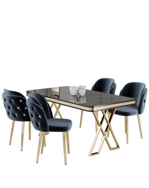 Table + 4 Chaises Rigel marbre noir/doré/anthracite