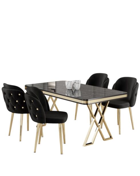 Tisch + 4 Stühle Rigel schwarz/gold/schwarzer Marmor