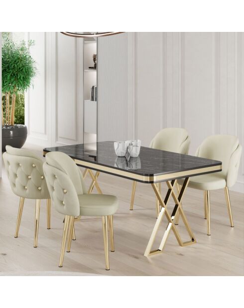 Table + 4 Chaises Rigel marbre noir/doré/crème