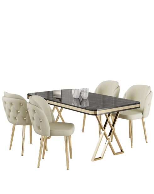 Table + 4 Chaises Rigel marbre noir/doré/crème