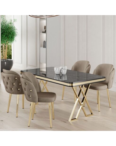 Table + 4 Chaises Rigel marbre noir/doré/cappuccino