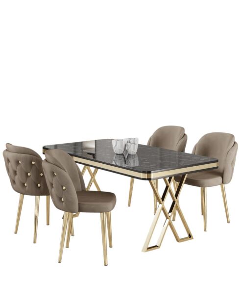 Table + 4 Chaises Rigel marbre noir/doré/cappuccino
