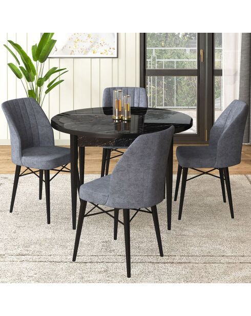 Table + 4 Chaises Rox marbre noir/fumé