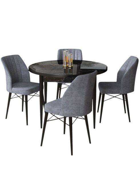 Table + 4 Chaises Rox marbre noir/fumé