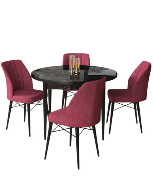 Tisch + 4 Stühle Rox schwarz/burgunderfarbener Marmor