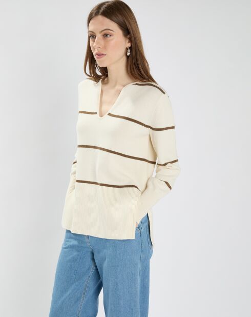 Pull en Laine & Coton Nolyn rayures écru/kaki