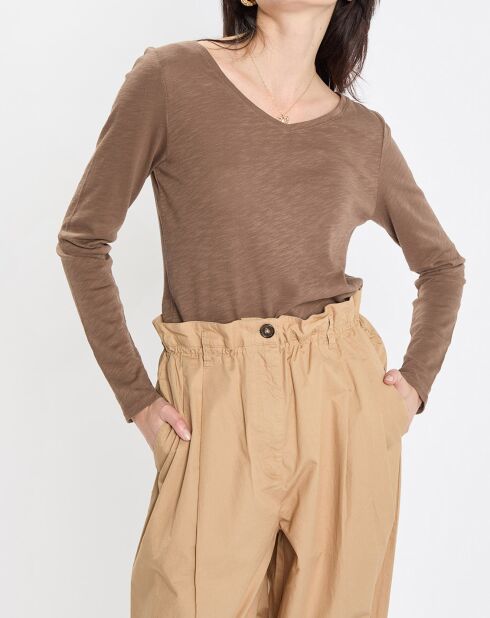 T-Shirt Col V en Coton flammé kaki