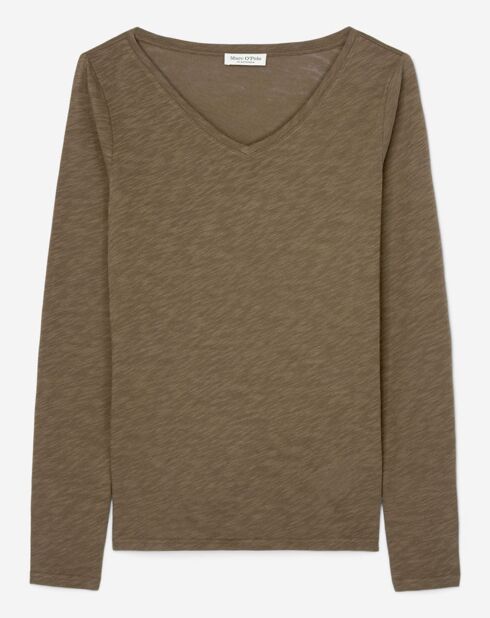 T-Shirt Col V en Coton flammé kaki