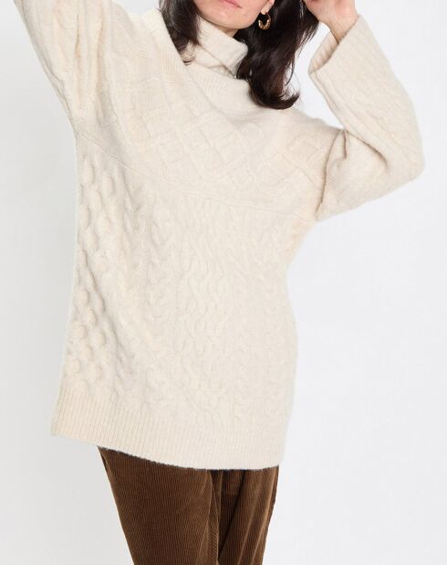 Pull long en Laine mélangée torsades écru