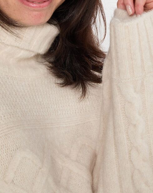 Pull long en Laine mélangée torsades écru